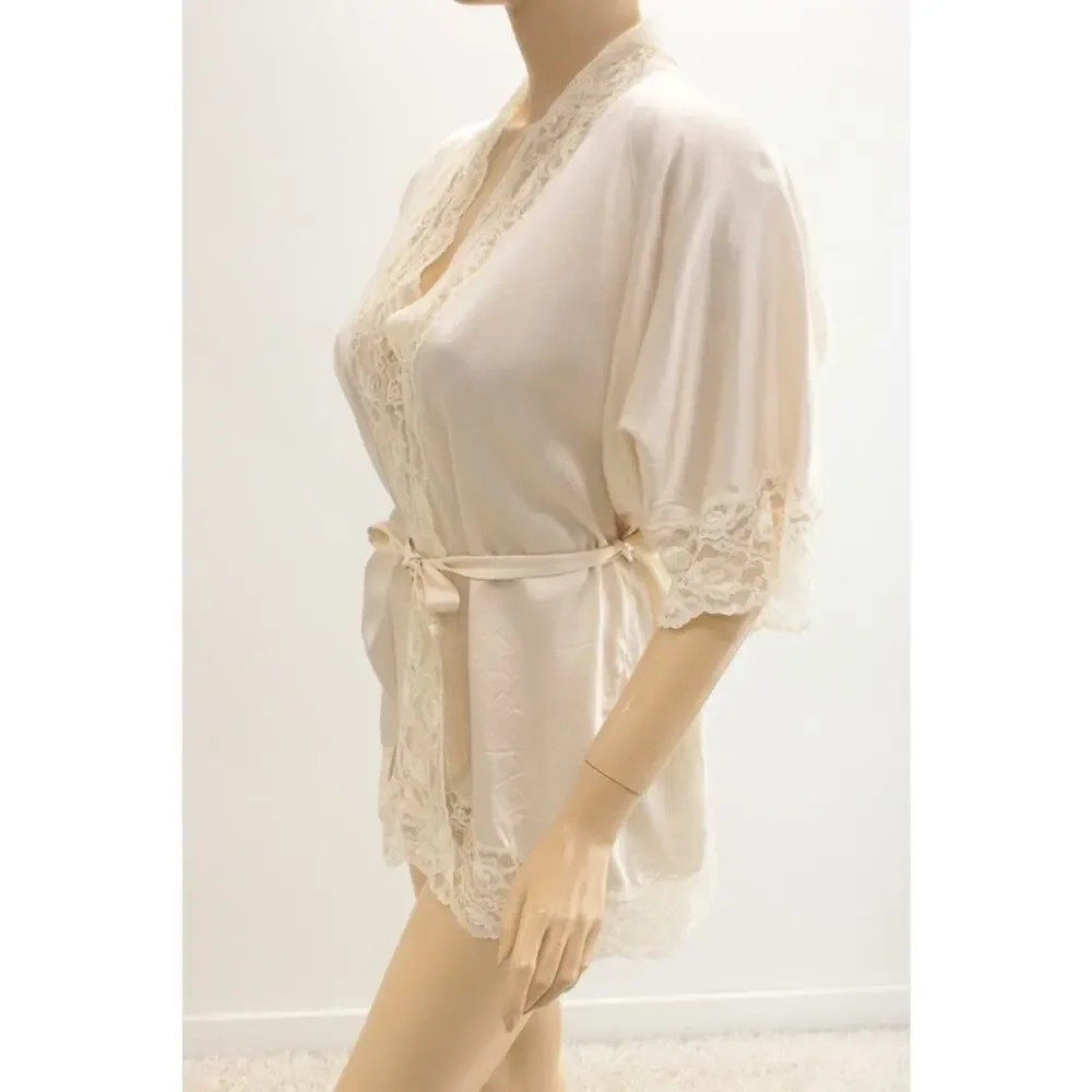 Lace-Trim Short Robe in Cream - Lightweight Tie-Waist Kimono